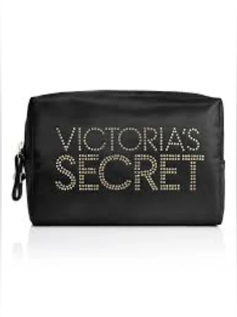 Victoria’s Secret black satin makeup bag, leopard print interior